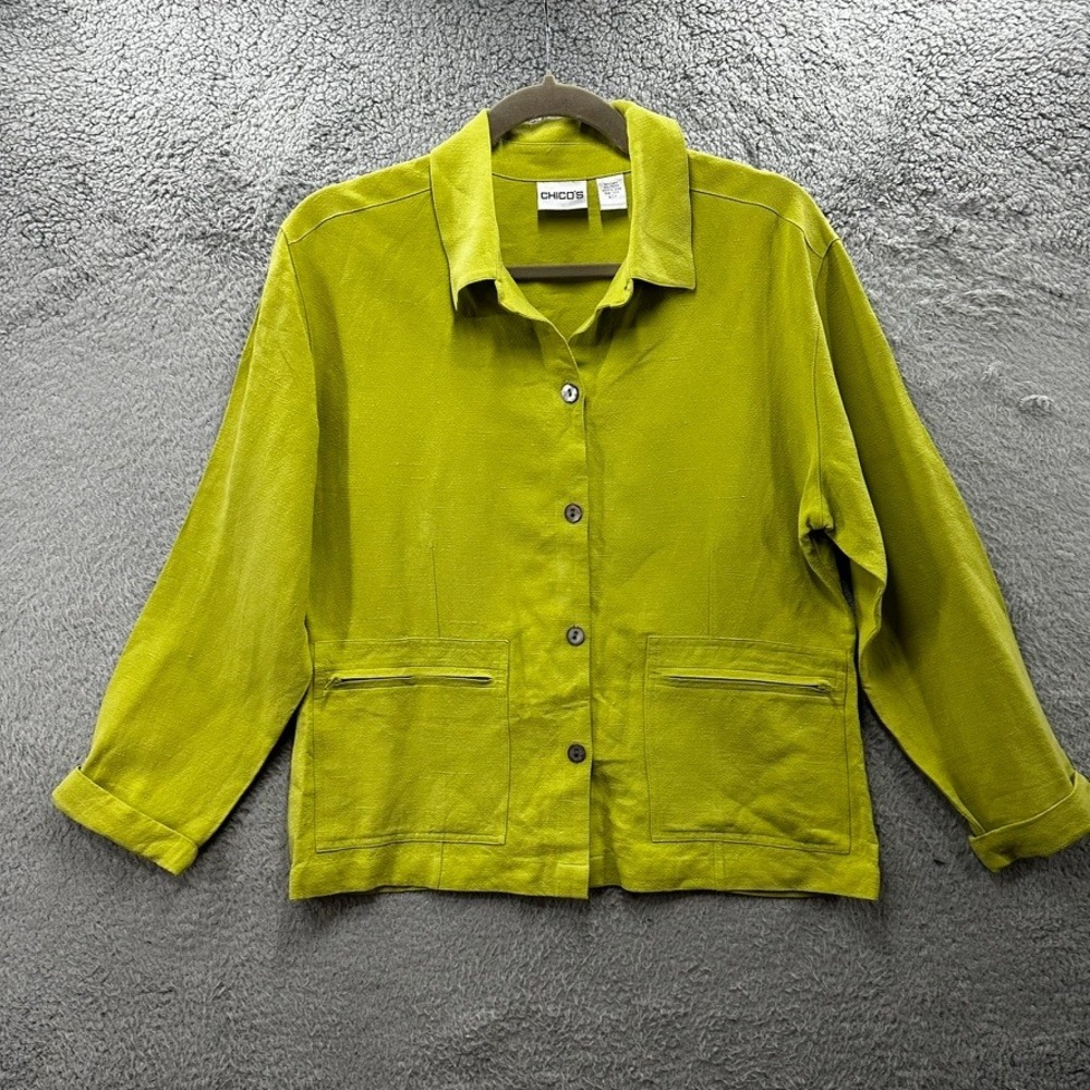 Chico's Size 1 Lime Green Linen Rayon Button Front Shirt Jacket Shacket EUC